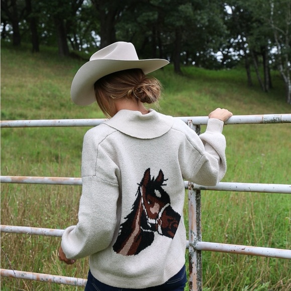 Western Rodeo Horse Knit Shawl Collar Cardigan Sweater Top Yellowstone Rodeo - Picture 7 of 7